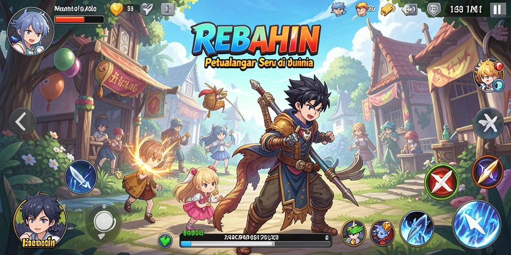 Tampilan gameplay epik dari REBAHIN yang penuh karakter anime.